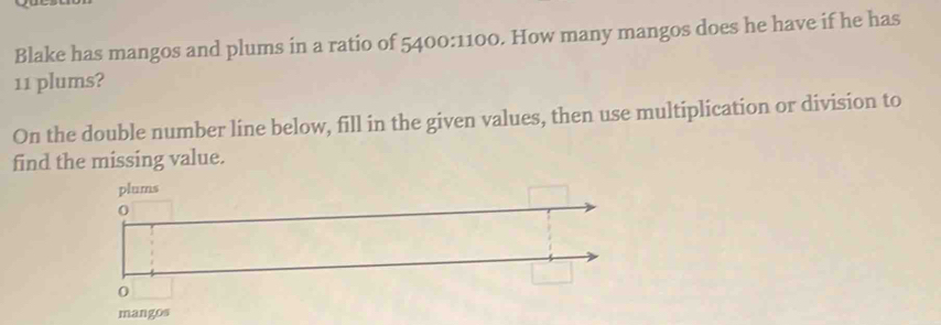 Solved: Blake has mangos and plums in a ratio of 5400:1100. How many ...