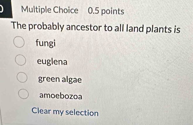 The probably ancestor to all land plants is
fungi
euglena
green algae
amoebozoa
Clear my selection