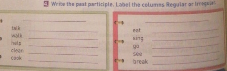 Write the past participle. Label the columns Regular or Irregular. 
_ 
_ 
talk _eat_ 
walk _sing_ 
help_ 
go 
_ 
clean _see_ 
cook _break_