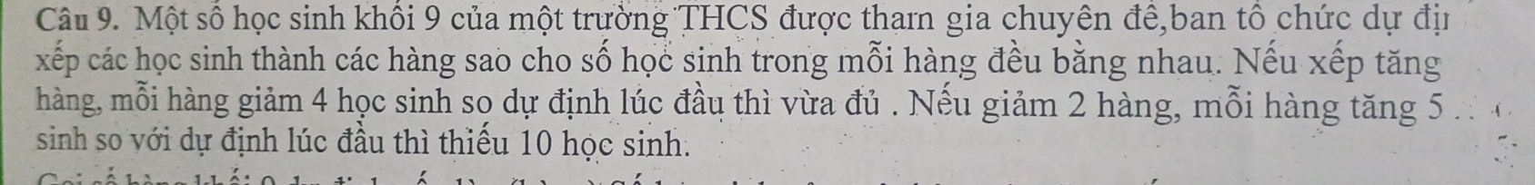 Một số học sinh khối 9 của một trường THCS được tham gia chuyên để,ban tổ chức dự địn 
xếp các học sinh thành các hàng sao cho số học sinh trong mỗi hàng đều bằng nhau. Nếu xếp tăng 
hàng, mỗi hàng giảm 4 học sinh so dự định lúc đầu thì vừa đủ . Nếu giảm 2 hàng, mỗi hàng tăng 5. 
sinh so với dự định lúc đầu thì thiếu 10 học sinh.