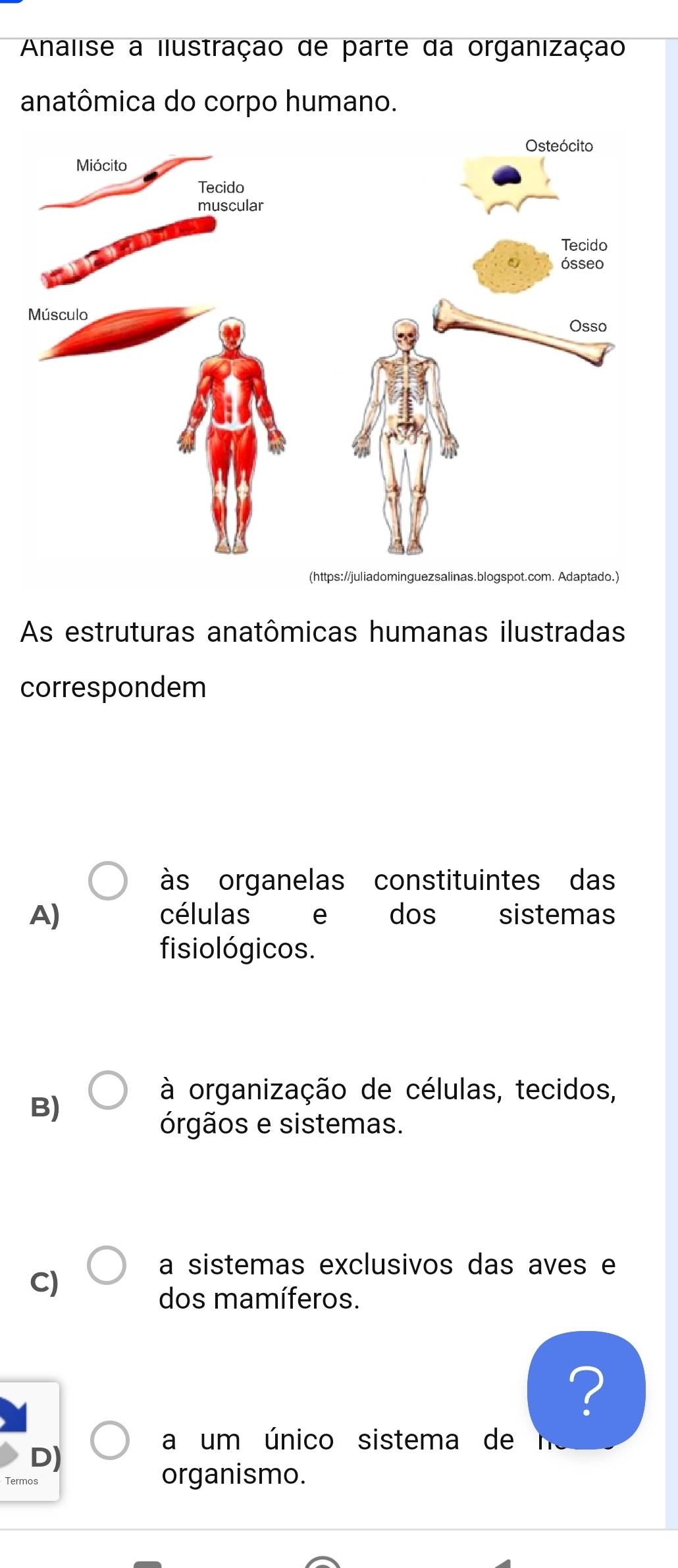 Analise a ilustração de parte da organização
anatômica do corpo humano.
(https://juliadominguezsalinas.blogspot.com. Adaptado.)
As estruturas anatômicas humanas ilustradas
correspondem
às organelas constituintes das
A) dos sistemas
células e
fisiológicos.
B)
à organização de células, tecidos,
órgãos e sistemas.
a sistemas exclusivos das aves e
C)
dos mamíferos.
?
a um único sistema de
D)
Termos organismo.