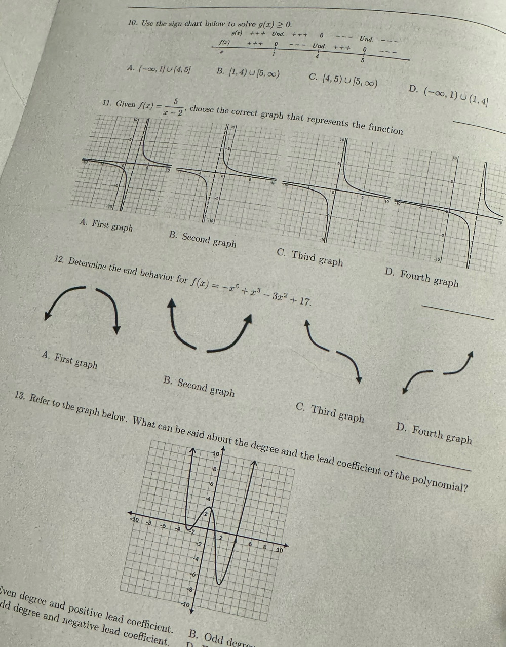 Use the sign chart below to solve g(x)≥ 0.
g(x) + + + Und. ++++ 0 Und.
/ (x) Und. + + 0
4
5
A. (-∈fty ,1]∪ (4,5] B. [1,4)∪ [5,∈fty ) C. [4,5)∪ [5,∈fty ) D. (-∈fty ,1)∪ (1,4]
11. Given f(x)= 5/x-2  , choose the correct graph that represents the function
_
A. First graph Second graph. Third graph
12. Determine the end behavior for 
Dourth graph
_
A. First graph B. Second graph
C. Third graph D. Fourth graph
3. Refer to the graph below. What can be said abhe lead coefficient of the polynomial
ven degree and positive lead coefficient.
ld degree and negative lead coefficient. B. Odd degr