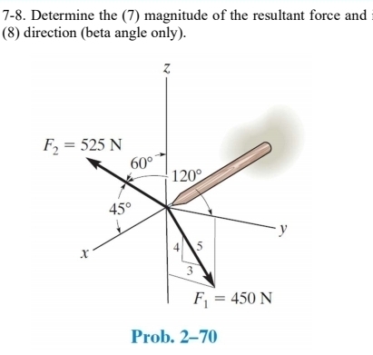 7-8. Determine the (7) magnitude of the resultant force and
(8) direction (beta angle only).
Prob. 2-70