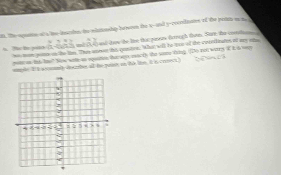 The equation of a line-descbes the rlationship between the x -and y -cocrdinates of the panns an te 
 2/3 _ 2_ 3 and 32 and dore the line that passes through them. State the corrdas 
4. Bar te pains wo more goints on the lim. Then unswr this queszon. What will be true of the coordinates of ary othe 
pont on this lime? Now wite-an equaton that says euncly the same thing. (Do not warry if it is very 
simple It accummly describes all the paints on this line, it is correct.) Tể smos