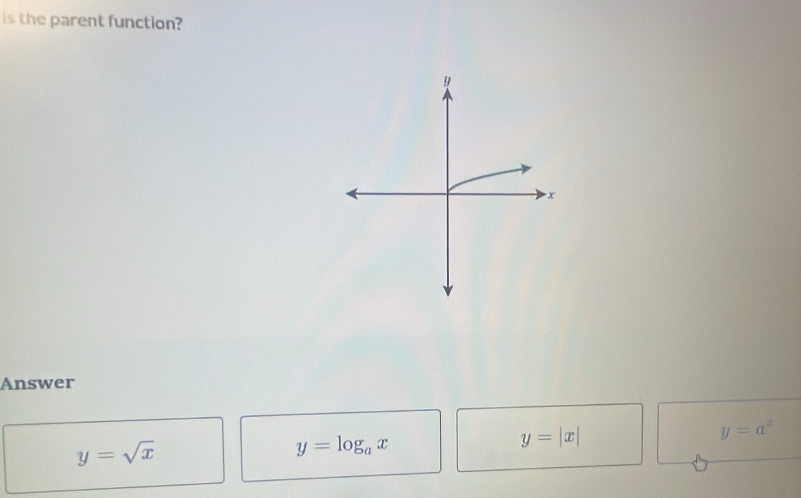 is the parent function?
Answer
y=a^x
y=sqrt(x)
y=log _ax
y=|x|