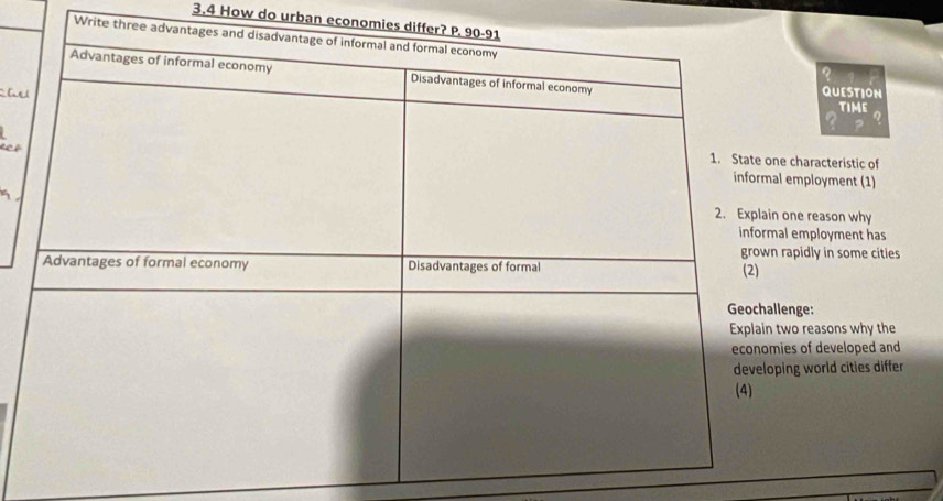 3.4 How do urban economies
Write three
hQUESTION
TIME
eck
aracteristic of
ployment (1)
reason why
ployment has
dly in some cities
e:
reasons why the
of developed and
world cities differ
