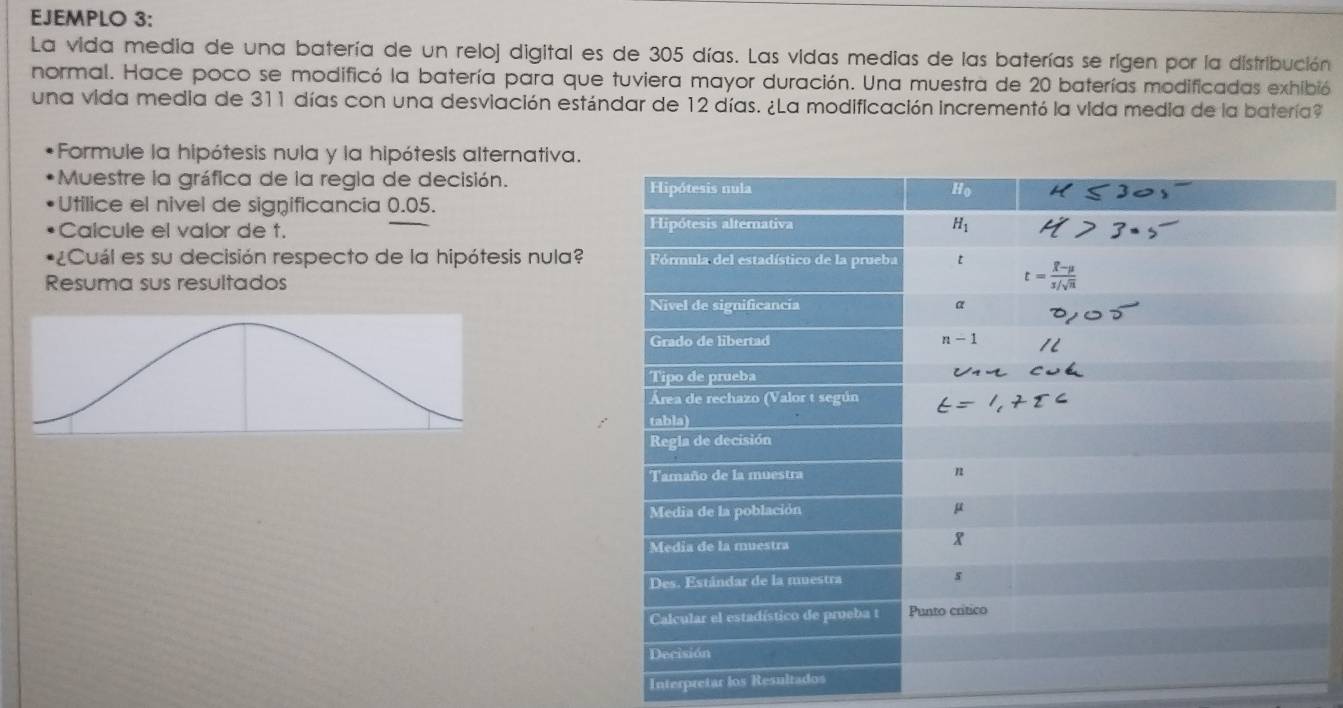 EJEMPLO 3:
La vida media de una batería de un reloj digital es de 305 días. Las vidas medias de las baterías se rígen por la distribución
normal. Hace poco se modificó la batería para que tuviera mayor duración. Una muestra de 20 baterías modificadas exhibió
una vida media de 311 días con una desviación estándar de 12 días. ¿La modificación incrementó la vida media de la batería?
Formule la hipótesis nula y la hipótesis alternativa.
Muestre la gráfica de la regla de decisión. 
Utilice el nivel de significancia 0.05.
Calcule el valor de t. 
¿Cuál es su decisión respecto de la hipótesis nula?
Resuma sus resultados
Interpretar los Resultados