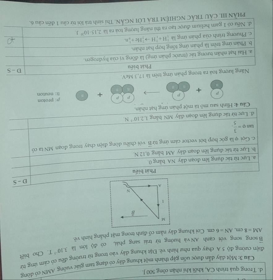 d. Trong quá trình CA, khối khí nhận công 500 J.
Câu 3: Một dây dẫn được uốn gập thành một khung dây có dạng tam giác vuờng AMN có dòng
điện cường độ 5 A chạy qua như hình vẽ. Đặt khung dây vào trong từ trường đều có cảm ứng từ
vector B song song với cạnh AN và hướng từ trái sang phải, có độ lớn là 3.10^(-3)T. Cho biết
AM=8cm,AN=6cm. Coi khung dây nằm cố định trong mặt phẳng hình vẽ.
M
B
I
N
A
D-S
Phát biểu
a. Lực từ tác dụng lên đoạn dây NA bằng 0.
b. Lực từ tác dụng lên đoạn dây AM bằng 0,12 N.
c. Gọi φ là góc hợp bởi vector cảm ứng từ vector B với chiều dòng điện chạy trong đoạn MN ta có
tan varphi = 3/5 .
d. Lực từ tác dụng lên đoạn dây MN bằng 1.2.10^(-3)N.
Câu 4: Hình sau mô tả một phản ứng hạt nhân.
p: proton
p
p P + n n: neuton
p +
n n
Năng lượng toá ra trong phản ứng trên là 17,3 MeV.
Phát biểu
D-S
a. Hai hạt nhân tương tác (trước phản ứng) là đồng vị của hydrogen.
b. Phản ứng trên là phản ứng tổng hợp hạt nhân.
c. Phương trình của phản ứng là _1^(1H+_1^2Hto _2^2He+_0^1n.
d. Nếu có 1 gam helium được tạo ra thì năng lượng toả ra là 2,15· 10^20)J.
PHÂN III. CÂU TRẢC NGHIỆM TRÁ LỜI NGẢN. Thí sinh trả lời từ câu 1 đến câu 6.