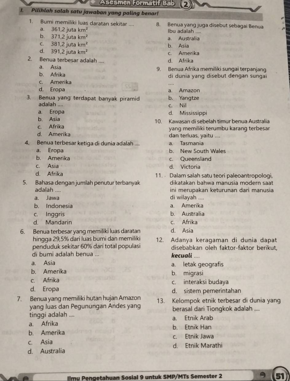 Asesmen Formatif Bab 2
1. Pilihlah salah satu jawaban yang paling benar!
1. Bumi memiliki luas daratan sekitar .... 8. Benua yang juga disebut sebagai Benua
a. 361,2 juta km^2 Ibu adalah ....
b. 371,2 juta km^2 a. Australia
c. 381,2 juta km^2 b. Asia
d. 391,2j uta km^2 c. Amerika
2. Benua terbesar adalah .... d. Afrika
a. Asia 9. Benua Afrika memiliki sungai terpanjang
b. Afrika di dunia yang disebut dengan sungai
c. Amerika
d. Eropa a. Amazon
3. Benua yang terdapat banyak piramid b. Yangtze
adalah .... c. Nil
a. Eropa d. Mississippi
b. Asia 10. Kawasan di sebelah timur benua Australia
c. Afrika yang memiliki terumbu karang terbesar
d. Amerika dan terluas, yaitu ....
4. Benua terbesar ketiga di dunia adalah .... a. Tasmania
a. Eropa b. New South Wales
b. Amerika c. Queensland
c. Asia d. Victoria
d. Afrika 11. - Dalam salah satu teori paleoantropologi,
5. Bahasa dengan jumlah penutur terbanyak dikatakan bahwa manusia modern saat
adalah .... ini merupakan keturunan dari manusia
a. Jawa di wilayah ....
b. Indonesia a. Amerika
c. Inggris b. Australia
d. Mandarin c. Afrika
6. Benua terbesar yang memiliki luas daratan d. Asia
hingga 29,5% dari luas bumi dan memiliki 12. Adanya keragaman di dunia dapat
penduduk sekitar 60% dari total populasi disebabkan oleh faktor-faktor berikut,
di bumi adalah benua ... kecuali ....
a. Asia a. letak geografis
b. Amerika b. migrasi
c. Afrika c. interaksi budaya
d. Eropa d. sistem pemerintahan
7. Benua yang memiliki hutan hujan Amazon 13. Kelompok etnik terbesar di dunia yang
yang luas dan Pegunungan Andes yang berasal dari Tiongkok adalah ....
tinggi adalah ....
a. Etnik Arab
a. Afrika
b. Etnik Han
b. Amerika
c. Etnik Jawa
c. Asia
d. Etnik Marathi
d. Australia
llmu Pengetahuan Sosial 9 untuk SMP/MTs Semester 2 51