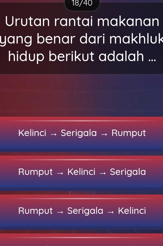 18/40
Urutan rantai makanan
yang benar dari makhluk
hidup berikut adalah ...
Kelinci → Serigala → Rumput
Rumput → Kelinci → Serigala
Rumput → Serigala → Kelinci