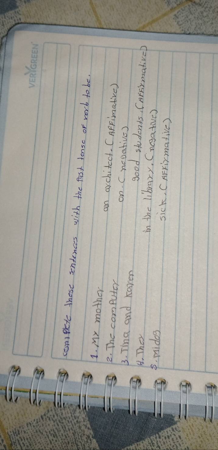 compkete these sentences with the past tonsc or vorb to be. 
1. My mother an architect. CAfrimative ) 
2. The computer on. C neeative) 
3. Tina and Karen 
good students, CArrirmative) 
4. They in the library. Cncgative) 
5. midog sick, CAFrirmative )