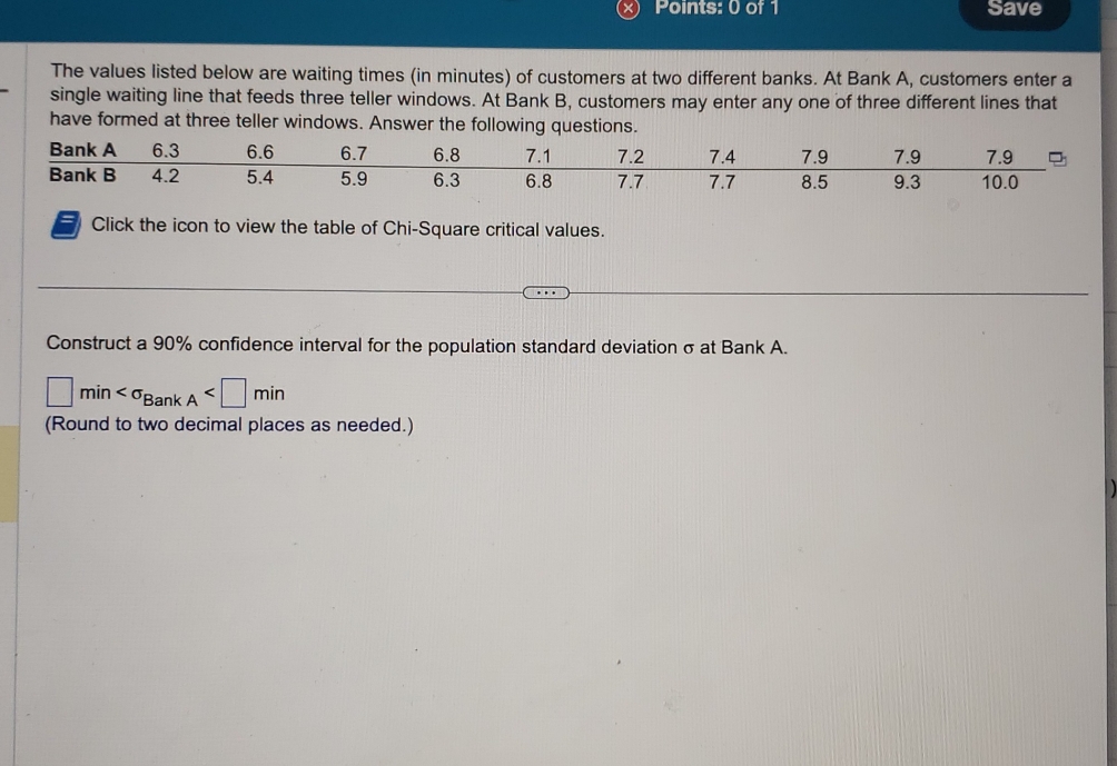 Save 
The values listed below are waiting times (in minutes) of customers at two different banks. At Bank A, customers enter a 
single waiting line that feeds three teller windows. At Bank B, customers may enter any one of three different lines that 
have formed at three teller windows. Answer the following questions. 
Bank A 6.3 6.6 6.7 6.8 7.1 7.2 7.4 7.9 7.9 7.9
Bank B 4.2 5.4 5.9 6.3 6.8 7.7 7.7 8.5 9.3 10.0
- Click the icon to view the table of Chi-Square critical values. 
Construct a 90% confidence interval for the population standard deviation σ at Bank A.
□ min
(Round to two decimal places as needed.)