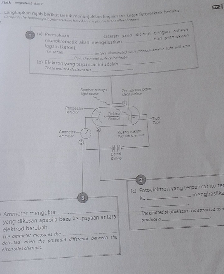 Fizik Tingkaten 5 Bab 7 
Lengkapkan rajah berikut untuk menunjukkan baqaimana kesan fotbelektrik berlaku. 1P2 
Complete the following diagram to show how does the photoelestric elfect happen 
1 (a) Permukaan_ 
sasaran yanɑ disinari dengan cañaya 
dari permukaan 
monokromatik akan mengeluarkan_ 
logam (katod). 
The target _surface illuminated with monochromatic light will emit 
_ 
_from the metal surface (cathode) 
(b) Elektron yang terpancar ini adalah 
. 
These emitted electrons are__ 
Sumber cahaya Permukaan logam 
Light source Metal sudace 
Pengesan 
Defector Elektron 
Electron Tiub 
Tubo 
Ammeter 1 ② Ruang vakum 
Ammeter Vacuum chambér 
0 
Bateri 
Battery 
2 
(c) Fotoelektron vang terpancar itu ter 
3 
ke_ _menghasilka 
_ 
. 
Ammeter mengukur 
yang dikesan apabila beza keupayaan antara The emitted photoelectron is attracted to t 
elektrod berubah. produce a 
. 
The ammeter measures the 
_ 
detected when the potential difference between the 
electrodes changes.