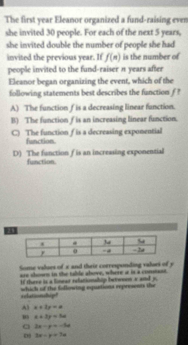 The first year Eleanor organized a fund-raising even
she invited 30 people. For each of the next 5 years,
she invited double the number of people she had
invited the previous year. If f(n) is the number of
people invited to the fund-raiser n years after
Eleanor began organizing the event, which of the
following statements best describes the function f ?
A) The function ƒ is a decreasing linear function.
B) The function ƒ is an increasing linear function.
C) The function ƒ is a decreasing exponential
function.
D) The function f is an increasing exponential
function.
941
Some values of x and their corresponding values of y
are shown in the table above, where a is a constant.
if there is a linear relationship between x and y.
which of the following equations represents the
relationship?
Al x+1y=a
m x+3y+5a
a 2x-y=-54
0 2a-y=7a