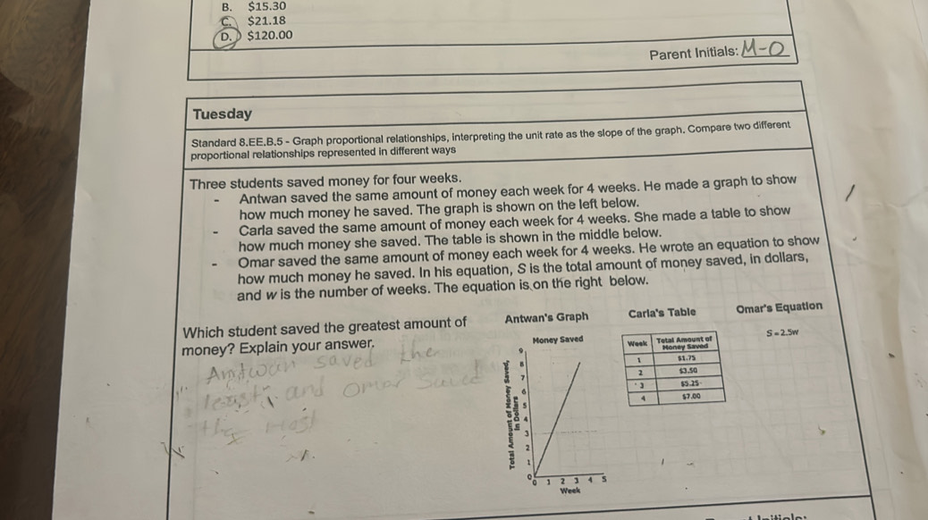 B. $15.30
C. $21.18
D. $120.00
Parent Initials:_
Tuesday
Standard 8.EE.B.5 - Graph proportional relationships, interpreting the unit rate as the slope of the graph. Compare two different
proportional relationships represented in different ways
Three students saved money for four weeks.
Antwan saved the same amount of money each week for 4 weeks. He made a graph to show
how much money he saved. The graph is shown on the left below.
Carla saved the same amount of money each week for 4 weeks. She made a table to show
how much money she saved. The table is shown in the middle below.
Omar saved the same amount of money each week for 4 weeks. He wrote an equation to show
how much money he saved. In his equation, S is the total amount of money saved, in dollars,
and w is the number of weeks. The equation is on the right below.
Which student saved the greatest amount of Antwan's Graph Carla's Table Omar's Equation
S=2.5w
money? Explain your answer. Money Saved
Week