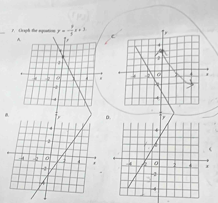 Graph the equation y=- 9/5 x+3. c. 
D