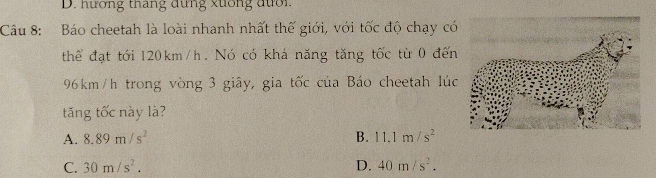 D. hương thang dung xưống đưới.
Câu 8: Báo cheetah là loài nhanh nhất thế giới, với tốc độ chạy có
thể đạt tới 120km/h. Nó có khả năng tăng tốc từ 0 đến
96km /h trong vòng 3 giây, gia tốc của Báo cheetah lúc
tăng tốc này là?
A. 8.89m/s^2 B. 11.1m/s^2
C. 30m/s^2. D. 40m/s^2.