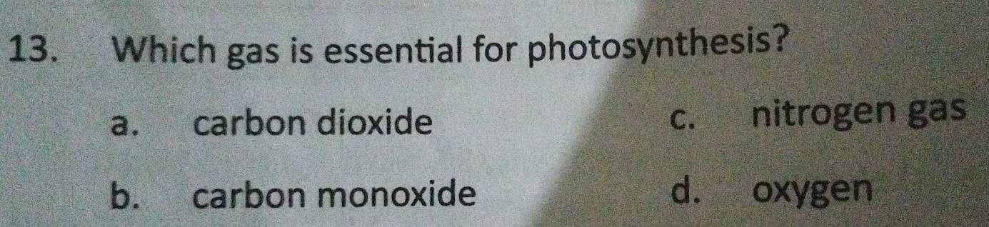 Which gas is essential for photosynthesis?
a. carbon dioxide c. nitrogen gas
b. carbon monoxide d. oxygen