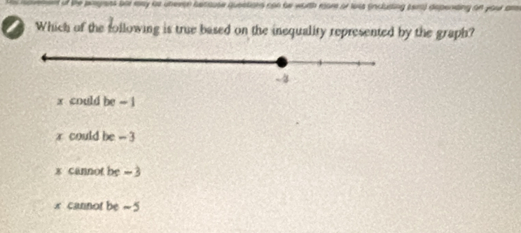 of the pogens oer eay as uheren betause questions con be worth more or luss inclusing (ers) depenting on your arm
I Which of the following is true based on the inequality represented by the graph?
x could be = i
x could be - 3
x cannot be = 3
x cannot be ~ 5