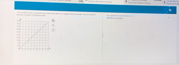 owing 53% Practice & Problem Solving 4 Practice & Problem Solving 5 Practice & Prob 2-4: MathXIL far 
find the constant of propertionality The varable y has a peoportional relatonship with x as suggested by the graph. Use the graph to The constant of proportionally s □°
(SmpMy your ansower )