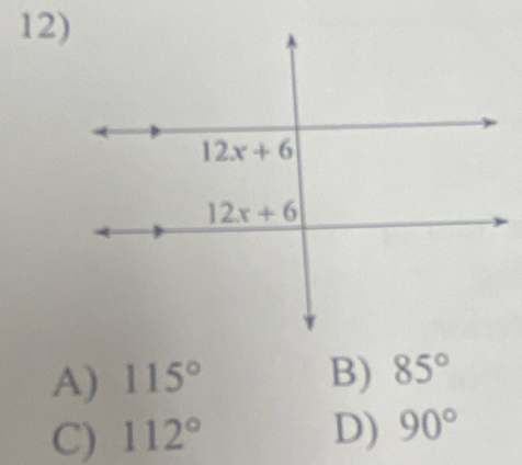 A) 115° B) 85°
C) 112° D) 90°