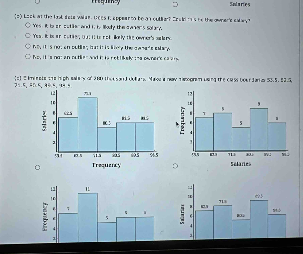 Frequency Salaries
(b) Look at the last data value. Does it appear to be an outlier? Could this be the owner's salary?
Yes, it is an outlier and it is likely the owner's salary.
Yes, it is an outlier, but it is not likely the owner's salary.
No, it is not an outlier, but it is likely the owner's salary.
No, it is not an outlier and it is not likely the owner's salary.
(c) Eliminate the high salary of 280 thousand dollars. Make a new histogram using the class boundaries 53.5, 62.5,
71.5, 80.5, 89.5, 98.5.