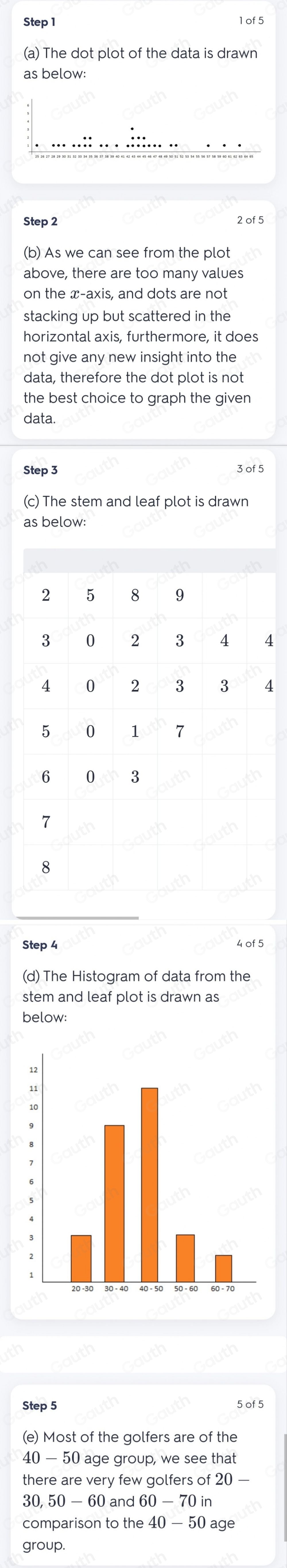 Step 1
(a) The dot plot of the data is drawn 
as below: 
Step 2 2 of 5
(b) As we can see from the plot 
above, there are too many values 
on the x-axis, and dots are not 
stacking up but scattered in the 
horizontal axis, furthermore, it does 
not give any new insight into the 
data, therefore the dot plot is not 
the best choice to graph the given 
data. 
Step 3
(c) The stem and leaf plot is drawn 
as below:
2 5 8 9
3 0 2 3 4 4
4 0 2 3 3 4
5 0 1 7
6 0 3
7
8
Step 4 4 of 5
(d) The Histogram of data from the 
stem and leaf plot is drawn as 
below: 
Step 5 5 of 5
(e) Most of the golfers are of the
40 - 50 age group, we see that 
there are very few golfers of 20
30, 50 - 60 and 60 - 70 in 
comparison to the 40-50age I 
group.