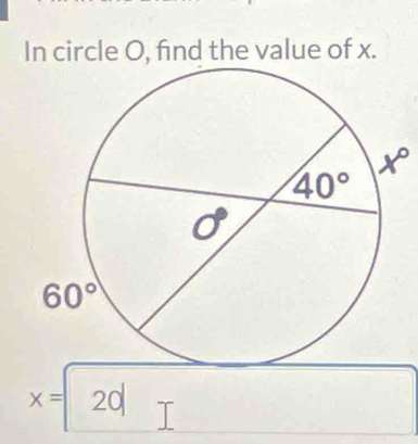 In circle O, find the value of x.
x°
x=| 20