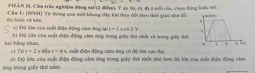 PHÀN II. Câu trắc nghiệm đúng sai (2 điểm). Ý a), b), c) 0, d) ở mỗi câu, chọn đúng hoặc sai.
Câu 1: [ĐNH] Từ thông qua một khung dây kín thay đổi theo thời gian như đồ 
thị hình vẽ bên. 
a) Độ lớn của suất điện động cảm ứng tại t=1s c62V.
b) Độ lớn của suất điện động cảm ứng trong giây thứ nhất và trong giây thứ
hai bằng nhau. 
c) Từ t=2 s đến t=4s , suất điện động cảm ứng có độ lớn cực đại.
d) Độ lớn của suất điện động cảm ứng trong giây thứ nhất nhỏ hơn độ lớn của suất điện động cảm
ứng trong giây thứ năm.