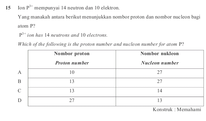 Ion P^(3+) mempunyai 14 neutron dan 10 elektron. 
Yang manakah antara berikut menunjukkan nombor proton dan nombor nucleon bagi 
atom P?
P^(3+) ion has 14 neutrons and 10 electrons. 
Which of the following is the proton number and nucleon number for atom P?