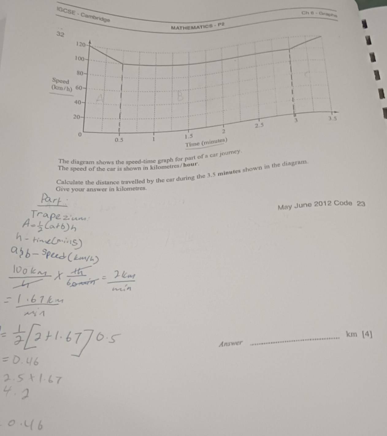 GCSE - Cambridge 
Ch 6 - Graphs 
CS - P2 
The diagram shows the speed-time graph for part of a car journ 
The speed of the car is shown in kilometres/hour
Calculate the distance travelled by the car during the 3.5 minutes shown in the diagram. 
Give your answer in kilometres. 
May June 2012 Code 23 
_km [4] 
Answer