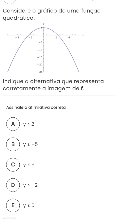 Considere o gráfico de uma função
quadrática:
Indique a alternativa que representa
corretamente a imagem de f.
Assinale a afirmativa correta
A y≤ 2
B y≤ -5
C y≤ 5
D y≤ -2
E y≤ 0