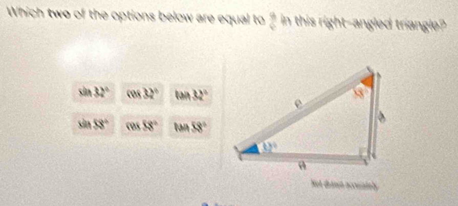 Which two of the options below are equal to  9/6  in this right-angled triangle?
sin 32° cos 32° tan 32°
sin 58° cos 58° tan 58°
Not diswn accuiately