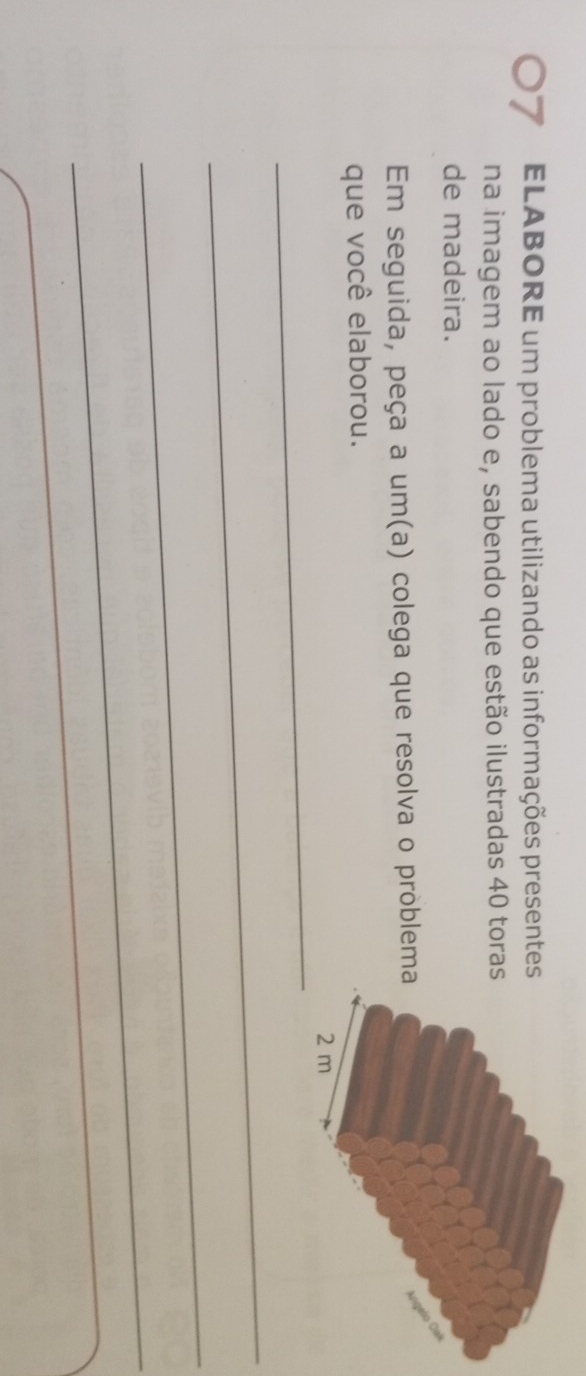 ELABORE um problema utilizando as informações presente 
na imagem ao lado e, sabendo que estão ilustradas 40 tora 
de madeira. 
Em seguida, peça a um(a) colega que resolva o pròblem 
que você elaborou. 
_ 
_ 
_ 
_ 
_