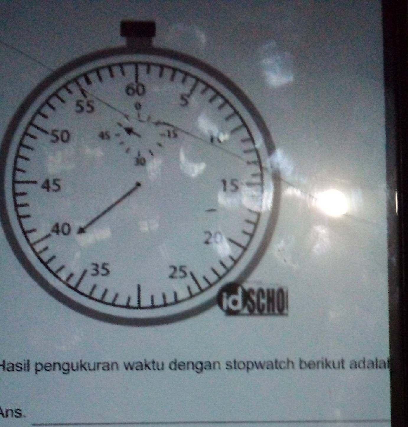 Hasil pengukuran waktu dengan stopwatch berikut adalal 
_ 
Ans.