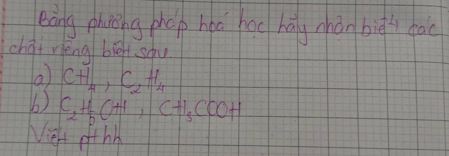 Bàng phichg phep hào hac hag zhàn bi bàc 
chat vileng belt sou 
a CH_4, C_2H_4
b) C_2H_5CH, CH_3COOH
Nelt ofthh