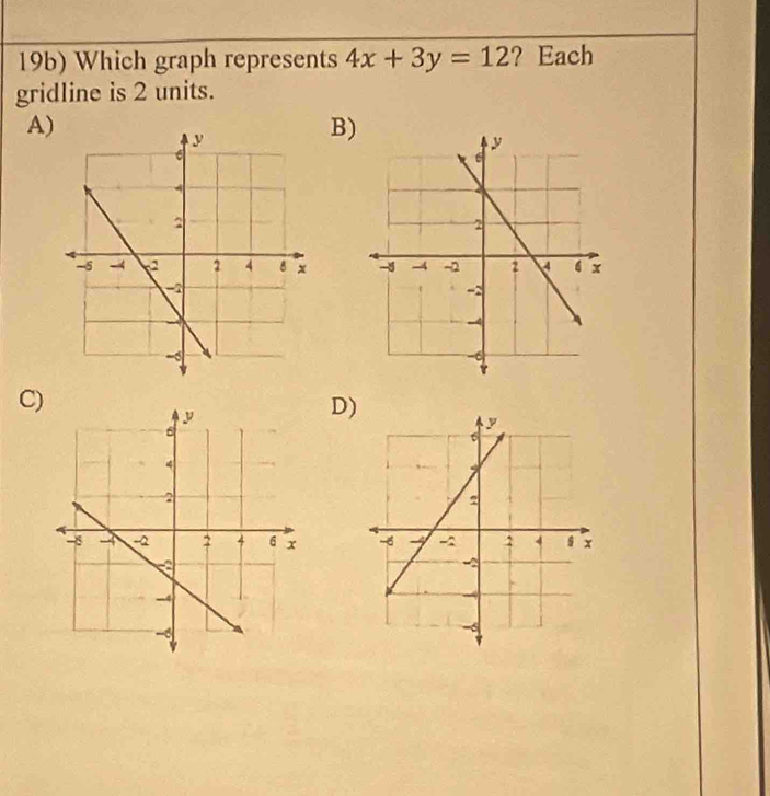 19b) Which graph represents 4x+3y=12 ？ Each 
gridline is 2 units. 
A) 
B) 

C) 
D)