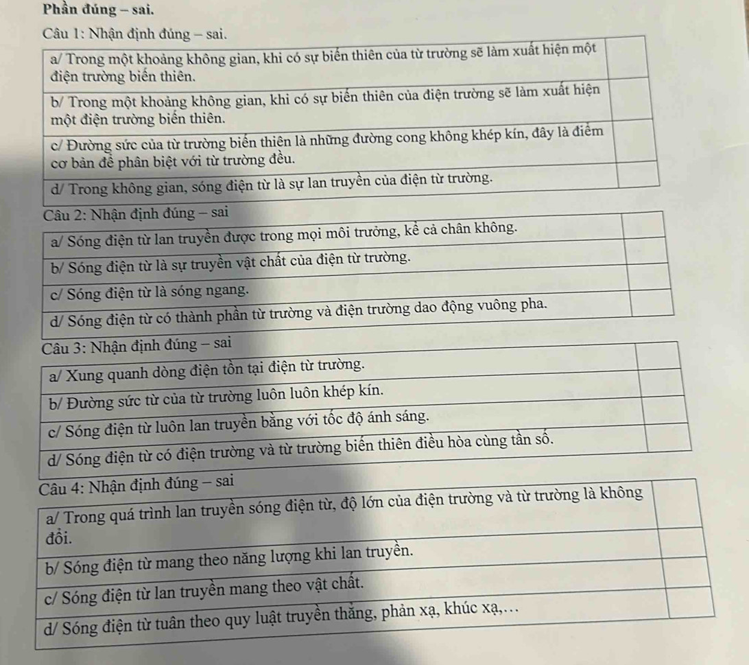 Phần đúng - sai.
Câu 2: Nhận định đúng - sai
a/ Sóng điện từ lan truyền được trong mọi môi trưởng, kể cả chân không.
b/ Sóng điện từ là sự truyền vật chất của điện từ trường.
c/ Sóng điện từ là sóng ngang.
d/ Sóng điện từ có thành phần từ trường và điện trường dao động vuông pha.
Câu 3: Nhận định đúng - sai
a/ Xung quanh dòng điện tồn tại điện từ trường.
b/ Đường sức từ của từ trường luôn luôn khép kín.
c/ Sóng điện từ luôn lan truyền bằng với tốc độ ánh sáng.
d/ Sóng điện từ có điện trường và từ trường biến thiên điều hòa cùng tần số.