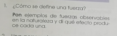 ¿Cómo se define una fuerza? 
Pon ejemplos de fuerzas observables 
en la naturaleza y di qué efecto produ- 
ce cada una.