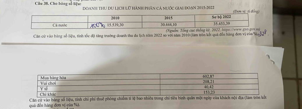 Cho bảng số liệu: 
DOANH THU DU LỊCH LỨ HÀNH PHÂN Cả NƯỚC GIAI ĐOẠN 2015-2022 
(Đơn vị: ti đồng) 
Căn cứ vào bảng số liệu, tính tốc độ tăng trưởng doanh thu du lịch năm 2022 so với năm 2010 (làm tròn kết quả đến hàng đơn vị của %
Căn cứ vào bảng số liệu, tính chi phí thuê phòng chiếm tỉ lệ bao nhiêu trong chỉ tiêu bình quân một ngày của khách nội địa (làm tròn kết 
quả đến hàng đơn vị của %).