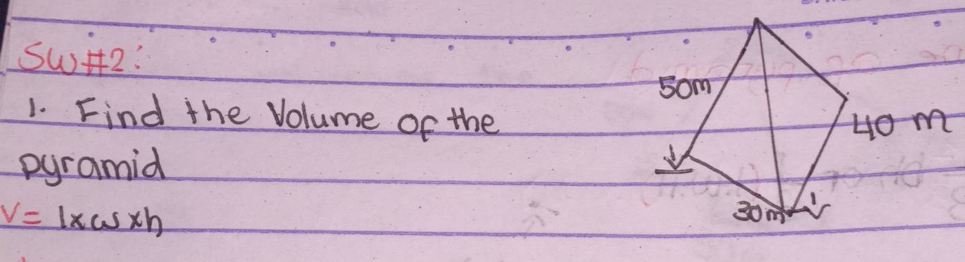 SW2: 
1. Find the Volume of the 
Hom 
pyramid
v=1* w* h