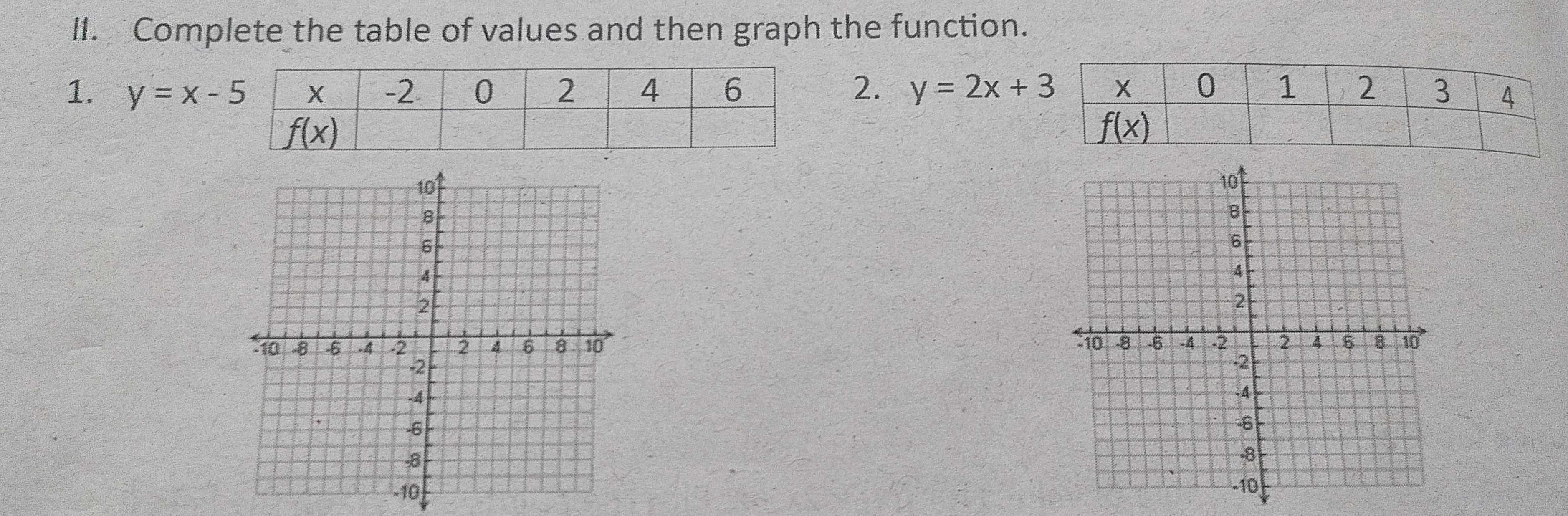 Complete the table of values and then graph the function.
1. y=x-5 2. y=2x+3