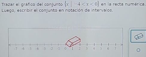 Trazar el gráfico del conjunto  x|-4 en la recta numérica. 
Luego, escribir el conjunto en notación de intervalos.