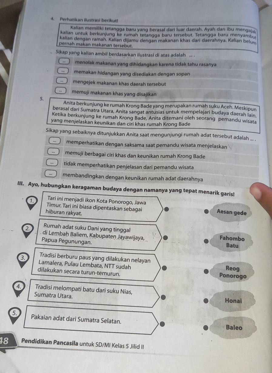 Perhatikan ilustrasi berikut!
Kalian memiliki tetangga baru yang berasal dari luar daerah. Ayah dan ibu mengajak
kalian untuk berkunjung ke rumah tetangga baru tersebut. Tetangga baru menyambut
kalian dengan ramah. Kalian dijamu dengan makanan khas dari daerahnya. Kalian belum
pernah makan makanan tersebut.
Sikap yang kalian ambil berdasarkan ilustrasi di atas adalah ... .
menolak makanan yang dihidangkan karena tidak tahu rasanya
memakan hidangan yang disediakan dengan sopan
... mengejek makanan khas daerah tersebut
.. memuji makanan khas yang disajikan
5.
Anita berkunjung ke rumah Krong Bade yang merupakan rumah suku Aceh. Meskipun
berasal dari Sumatra Utara, Anita sangat antusias untuk mempelajari budaya daerah lain.
Ketika berkunjung ke rumah Krong Bade, Anita ditemani oleh seorang pemandu wisata
yang menjelaskan keunikan dan ciri khas rumah Krong Bade
Sikap yang sebaiknya ditunjukkan Anita saat mengunjungi rumah adat tersebut adalah ... .
... ) memperhatikan dengan saksama saat pemandu wisata menjelaskan
C memuji berbagai ciri khas dan keunikan rumah Krong Bade
.   tidak memperhatikan penjelasan dari pemandu wisata
membandingkan dengan keunikan rumah adat daerahnya
III. Ayo, hubungkan keragaman budaya dengan namanya yang tepat menarik garis!
Tari ini menjadi ikon Kota Ponorogo, Jawa Aesan gede
1 Timur. Tari ini biasa dipentaskan sebagai
hiburan rakyat.
2 Rumah adat suku Dani yang tinggal Fahombo
di Lembah Baliem, Kabupaten Jayawijaya,
Papua Pegunungan. Batu
Tradisi berburu paus yang dilakukan nelayan
Lamalera, Pulau Lembata, NTT sudah Reog
dilakukan secara turun-temurun.
Ponorogo
4. Tradisi melompati batu dari suku Nias,
Sumatra Utara.
Honai
5 Pakaian adat dari Sumatra Selatan.
Baleo
18 Pendidikan Pancasila untuk SD/MI Kelas 5 Jilid II