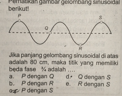 Peratikan gambar gelombang sinusoïdal
berikut!
Jika panjang gelombang sinusoidal di atas
adalah 80 cm, maka titik yang memiliki
beda fase ¾ adalah ....
a. P dengan Q d. Q dengan S
b. P dengan R e. R dengan S
0 P dengan S