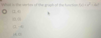 What is the vertex of the graph of the function f(x)=x^2-4x
(2,4)
(0,0)
(2,-4)
(4,0)