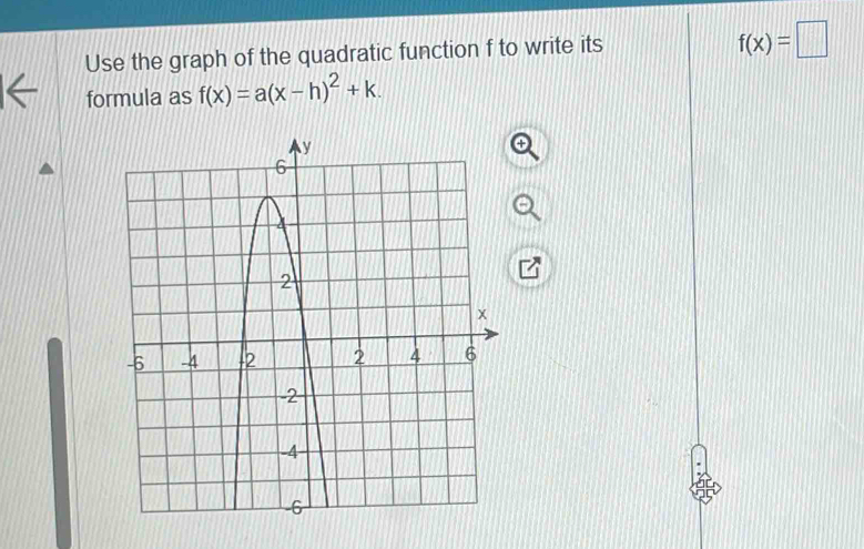 Use the graph of the quadratic function f to write its
f(x)=□
formula as f(x)=a(x-h)^2+k.