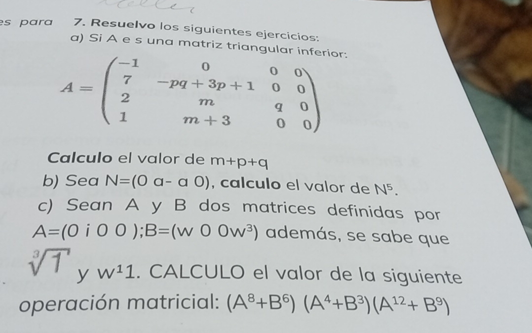 es para 7. Resuelvo los siguientes ejercicios: 
a) Si A e s una matriz triangular inferior:
A=beginpmatrix -1&0&0&0 7&-pq+3p+1&0&0 2&m&q&0 1&m+3&0&0endpmatrix
Calculo el valor de m+p+q
b) Sea N=(0a-a0) , calculo el valor de N^5. 
c) Sean A y B dos matrices definidas por
A=(0i00); B=(w00w^3) además, se sabe que
sqrt[3](1) y W^11. CALCULO el valor de la siguiente 
operación matricial: (A^8+B^6)(A^4+B^3)(A^(12)+B^9)