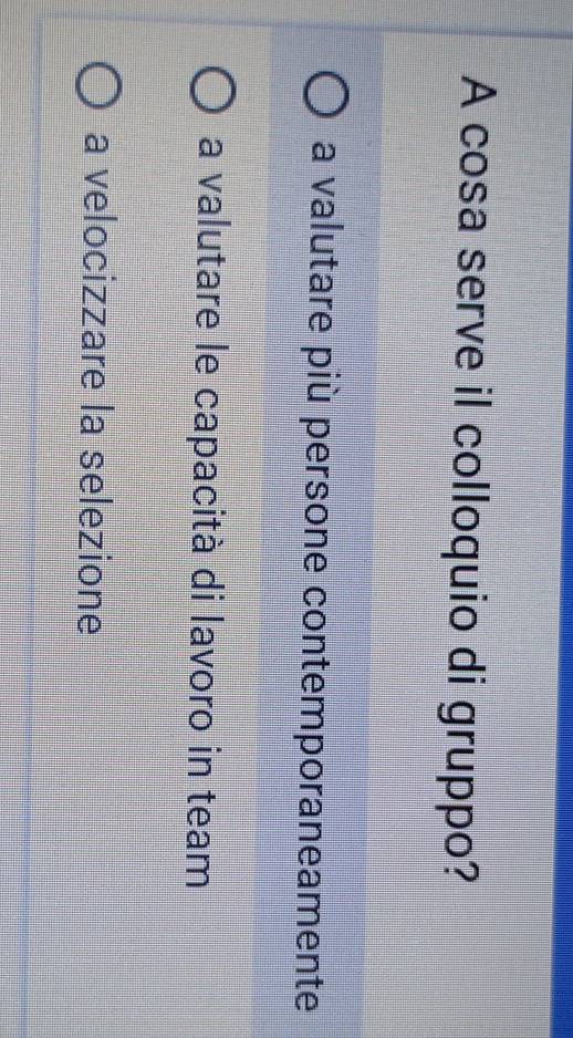 A cosa serve il colloquio di gruppo?
a valutare più persone contemporaneamente
a valutare le capacità di lavoro in team
a velocizzare la selezione