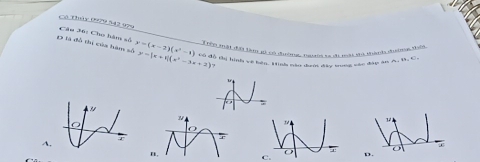 Cô Th 09 542 909
Đ là đô thị của hàm số Câu 36: Cho hàm số y=(x-2)(x^2-1) y=|x+1|(x^2-3x+2) 7
Crên mật dịo tàm jú có đường ngn sa đ mài sà thành đoi
có đồ thị hình về bên. Hinh não tưới dây tung sác đáp an A. B.C.
1
A,
C. D.